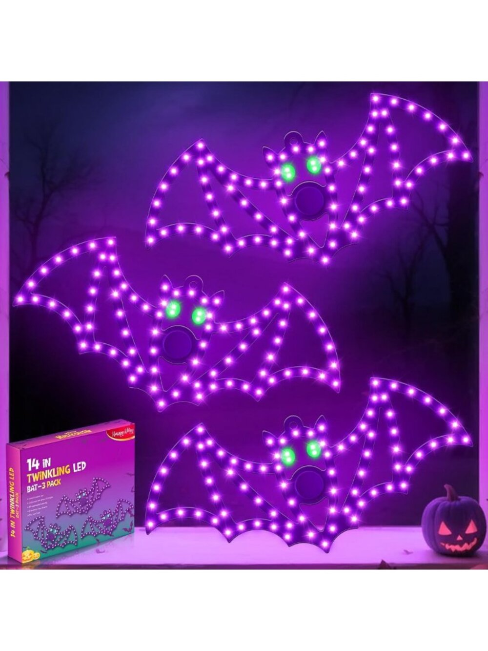 3-Pack 14" Halloween Classics Twinkling LED Bat Window Lights